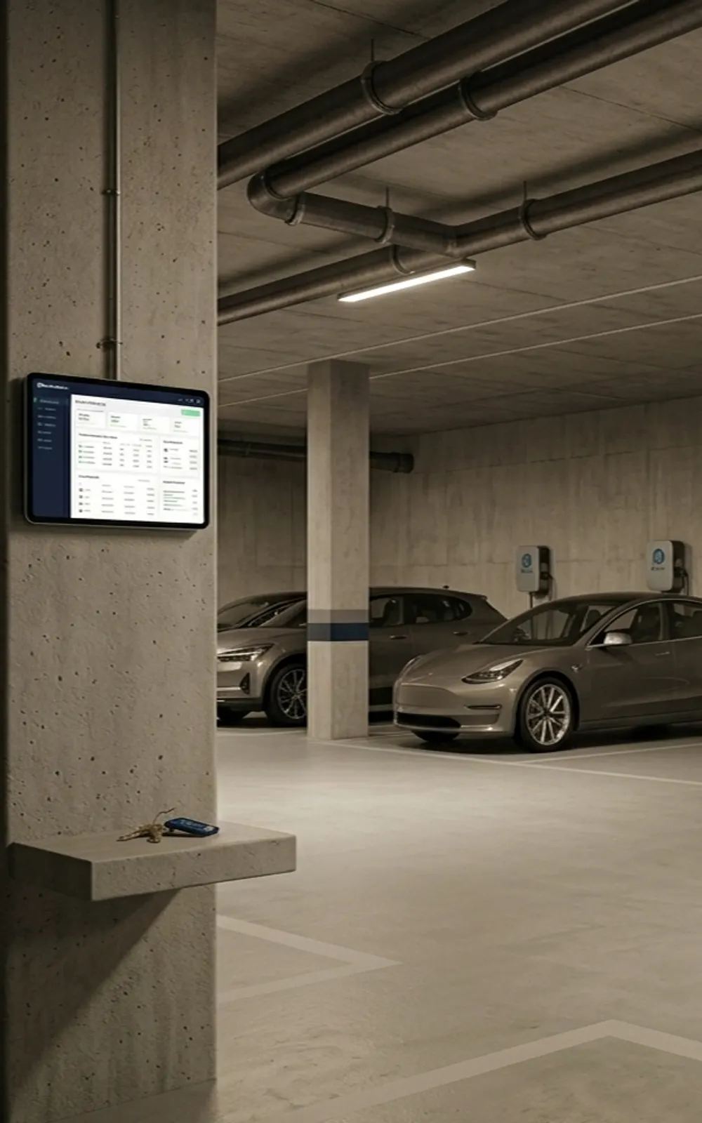 Auto eléctrico cargando en la cochera de un edificio, con la sesión identificada y facturada desde la plataforma PlugPay System