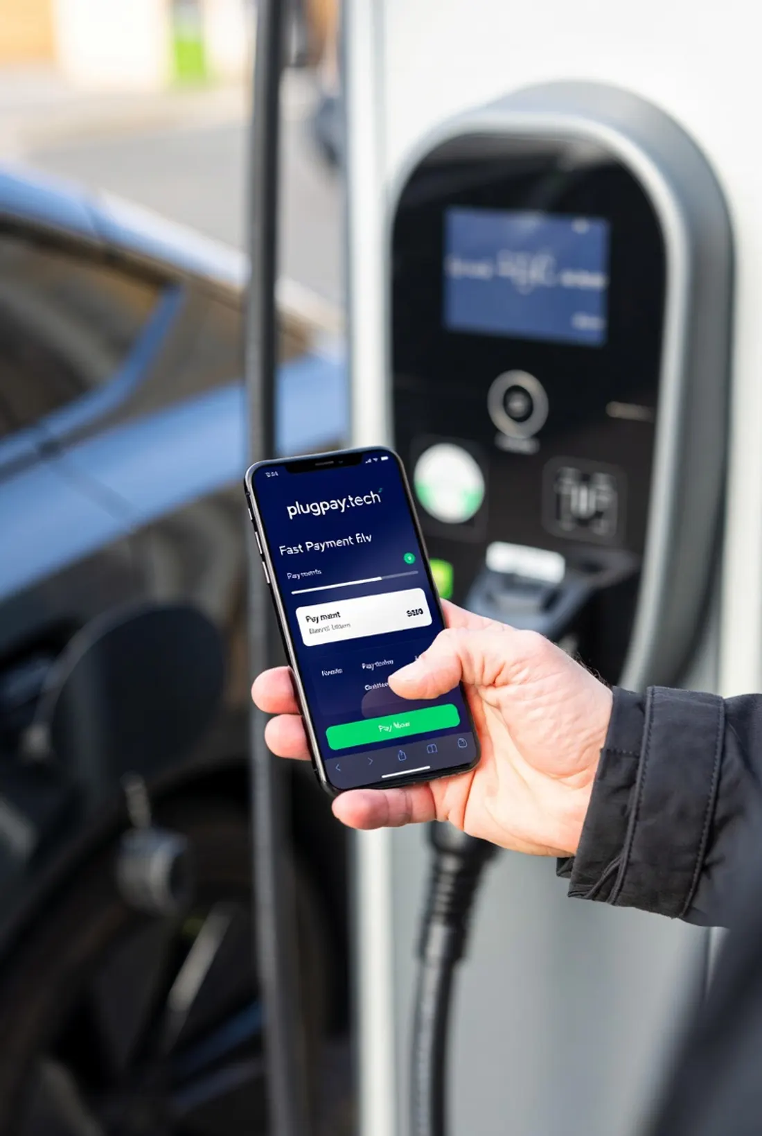 Persona pagando una sesión de carga desde el teléfono en un estacionamiento, con el isotipo de PlugPay visible