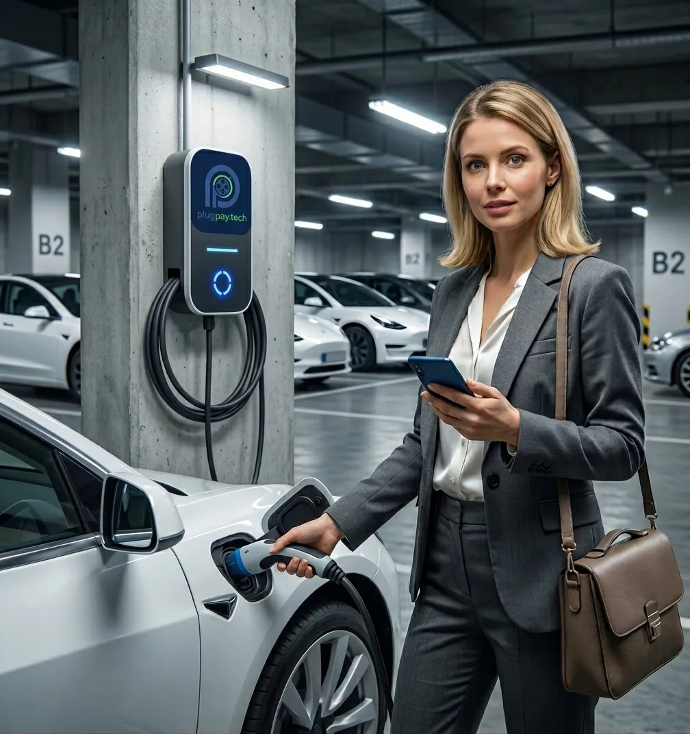 Mujer revisando en el teléfono el estado de la sesión de carga de su auto eléctrico, gestionada desde la plataforma PlugPay System